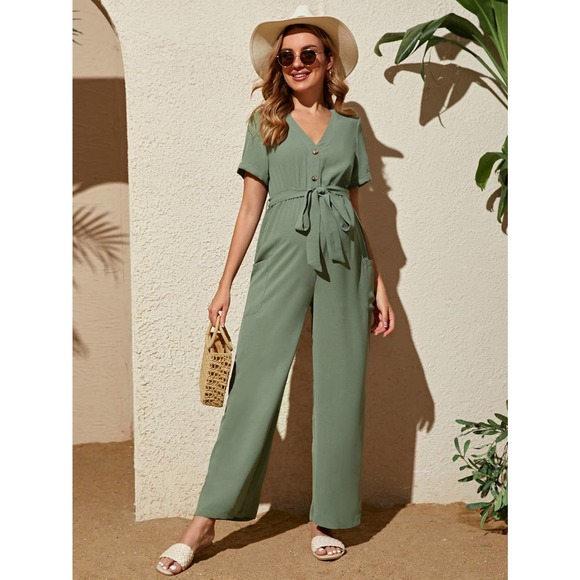 Maternity Pocket Side Roll Up Sleeve Belted Jumpsuit green - Picture 3 of 5